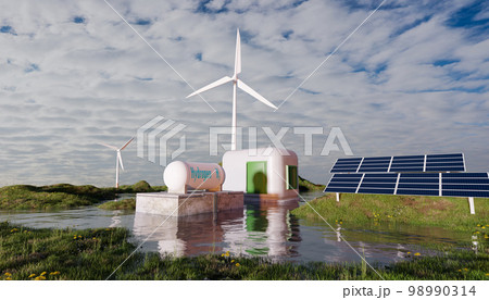 Hydrogen fuel storage and solar panel with wind turbines, green power concept Hydrogen fuel storage and solar panel with wind turbines, green power concept 98990314