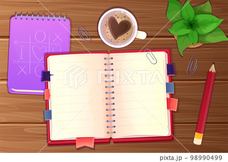 Workplace with stationary, cup of coffee with heart, notebook, paper notes top view on wooden desk, table in cartoon style. 98990499