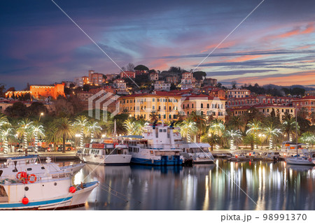 La Spezia, Italy at dusk from the port. La Spezia, Italy at dusk from the port. 98991370