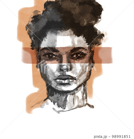 Serious woman sketch black and white drawing with line on eyes. The concept of struggle, strength and courage. A black woman defends her rights 98991851