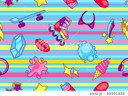 Seamless pattern with fashion girlish items. Colorful teenage background. Creative girls symbols in cartoon style. 98991888