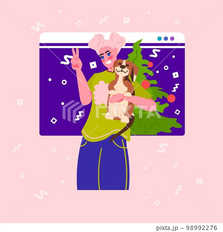 young girl wit dog near decorated fir tree in web bowser window happy new year merry christmas winter holidays celebration young girl wit dog near decorated fir tree in web bowser window happy new year merry christmas winter holidays celebration 98992276