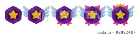 3D game badge set, fantasy RPG insignia icon kit, level up user point hexagon medal, ranking star. 3D game badge set, fantasy RPG insignia icon kit, level up user point hexagon medal, ranking star. 98992487