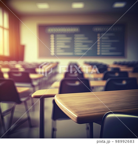 Empty defocused university classroom. Business conference room. Blurred school classroom without students with empty chairs and tables 98992683