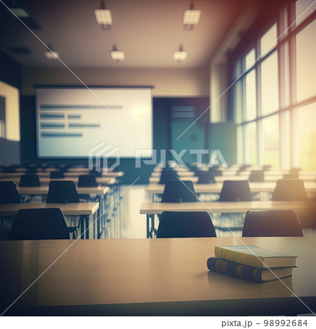 Empty defocused university classroom. Business conference room. Blurred school classroom without students with empty chairs and tables Empty defocused university classroom. Business conference room. Blurred school classroom without students with empty chairs and tables 98992684