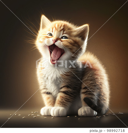 Cute kitten laughing. Small domestic cat kid yawning or smiling. Generative AI. Cute kitten laughing. Small domestic cat kid yawning or smiling. Generative AI. 98992718
