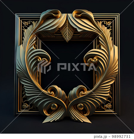 Golden ornamental frame on black bakcground. Retro golden frame with vintage ornament. Generative AI. 98992731