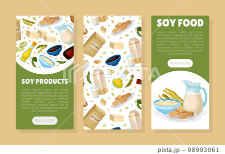 Soy products banner templates set. Vegan protein natural healthy dietary products flyer, leaflet, brochure template with space for text cartoon vector 98993061