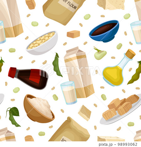 Soy products seamless pattern. Vegan protein meal for healthy diet repeating print for wallpaper, wrapping paper, textile, package design cartoon vector Soy products seamless pattern. Vegan protein meal for healthy diet repeating print for wallpaper, wrapping paper, textile, package design cartoon vector 98993062