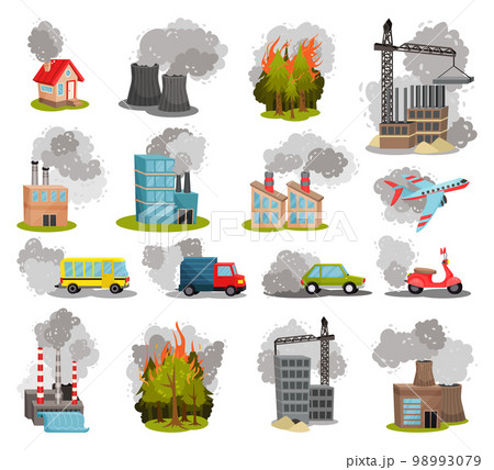 Environmental pollution set. Pollutant fog, gas and industrial smog from factories and transport cartoon vector illustration 98993079