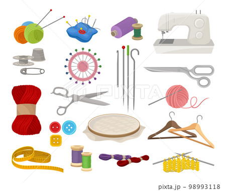 Needlework tools set. Knitting, sewing and embroidery instruments. Needles, yarn, sewing machine, scissors, buttons, spools cartoon vector illustration 98993118