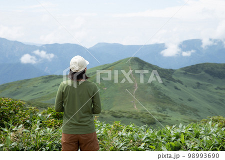 夏山での風景を楽しむ女性の後ろ姿 夏山での風景を楽しむ女性の後ろ姿 98993690