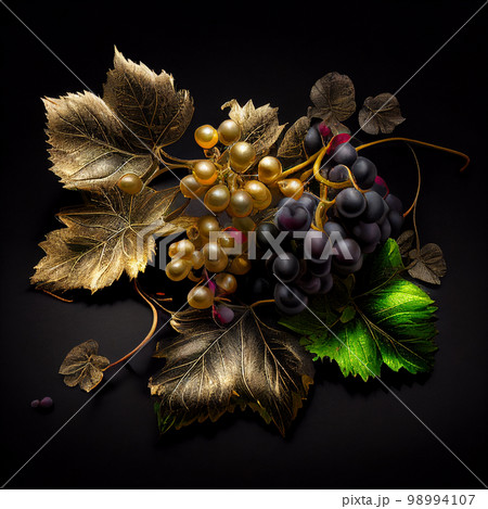 Golden leaves of grapes and berries covered with gold isolated on black close-up for advertising, banner, signboard, printing on packaging, appetizing unusual grapes 98994107