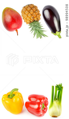 vegetables and fruits isolated on white background. Collage. Free space for text. Vertical photo. vegetables and fruits isolated on white background. Collage. Free space for text. Vertical photo. 98994508