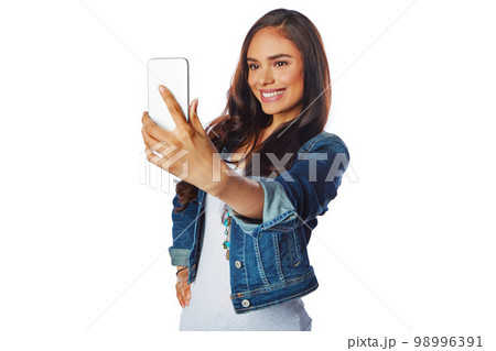 Woman, fashion or phone selfie on isolated white background for social media, profile picture or video call. Smile, happy model or influencer on mobile photography technology for blogging or vlogging Woman, fashion or phone selfie on isolated white background for social media, profile picture or video call. Smile, happy model or influencer on mobile photography technology for blogging or vlogging 98996391