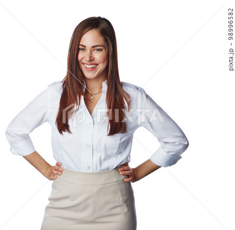 Business person, woman and smile standing isolated on white background with success and vision in portrait. Corporate job, leadership and female leader, happy with career and professional mockup Business person, woman and smile standing isolated on white background with success and vision in portrait. Corporate job, leadership and female leader, happy with career and professional mockup 98996582