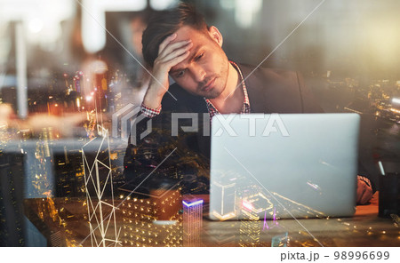 City overlay, stress or business man on laptop for stock market crash, financial crisis or investment depression. Sad, headache or employee on tech with finance anxiety, audit error or mental health City overlay, stress or business man on laptop for stock market crash, financial crisis or investment depression. Sad, headache or employee on tech with finance anxiety, audit error or mental health 98996699
