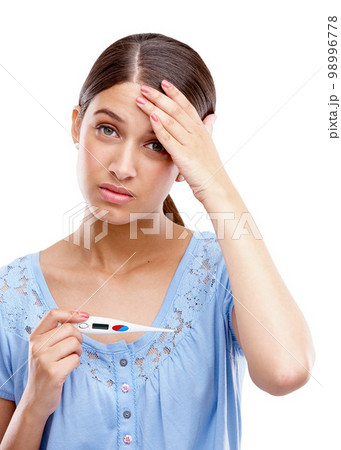 Portrait, confused and pregnant woman pregnancy test in studio, bad and worry on white background. Pregnancy, stress and girl with anxiety, shocked and surprise by positive testing kit and isolated 98996778