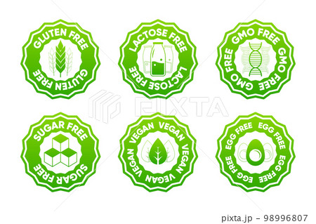 Lactose free, Sugar, Gluten, GMO, Egg and vegan label. The concept of healthy natural organic food. Food packaging decor element. Vector illustration. 98996807