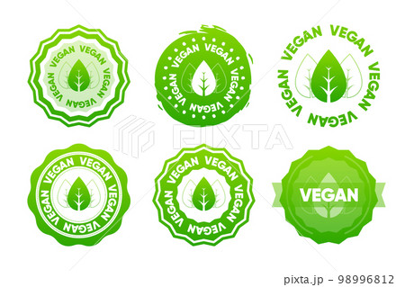 Vegan icons. The concept of healthy natural organic food. Collection of stamps in various designs. Food packaging decoration element. Vector illustration. Vegan icons. The concept of healthy natural organic food. Collection of stamps in various designs. Food packaging decoration element. Vector illustration. 98996812