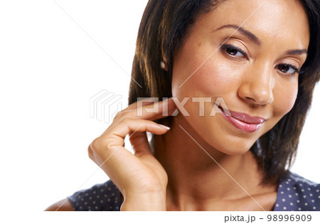 Happy black woman, face or touching brunette hairstyle on isolated white background in keratin treatment or dye color. Zoom, smile or facial expression on hair beauty model, makeup cosmetic or mockup 98996909