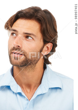 Thinking, ideas and face of businessman on a white background for brainstorming, planning and strategy. Creative leader, inspiration and male entrepreneur with vision, thoughtful and goals in studio 98997401