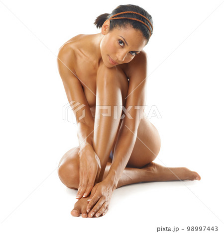 Legs, beauty portrait and naked woman in studio for natural, nude glow and cosmetics promotion in mockup. Body shine, manicure and pedicure of model for skin care, dermatology and luxury spa results 98997443
