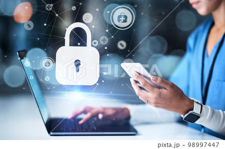 Nurse, hands or technology on medical cybersecurity lock, life insurance or healthcare data safety on internet app. Zoom, doctor or futuristic hologram on laptop, phone or night support in woman help 98997447