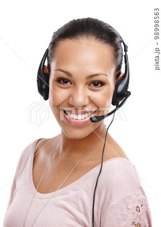 Woman, portrait and call center agent in studio, headset with CRM with customer service isolated on white background. Contact us, telemarketing with tech support, customer care and female smile Woman, portrait and call center agent in studio, headset with CRM with customer service isolated on white background. Contact us, telemarketing with tech support, customer care and female smile 98998563