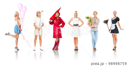 Montage, costume and woman in studio, different and posing in outfit, theme or clothing on white background. Event, party and girl express personality, style and selection for halloween pose isolated Montage, costume and woman in studio, different and posing in outfit, theme or clothing on white background. Event, party and girl express personality, style and selection for halloween pose isolated 98998759