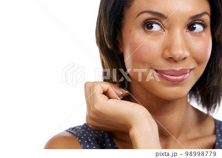 Mockup, studio background and black woman thinking of ideas, mindset and planning to remember memory. Inspiration, solution and face of studio model, question goals and daydream of happy opportunity Mockup, studio background and black woman thinking of ideas, mindset and planning to remember memory. Inspiration, solution and face of studio model, question goals and daydream of happy opportunity 98998779