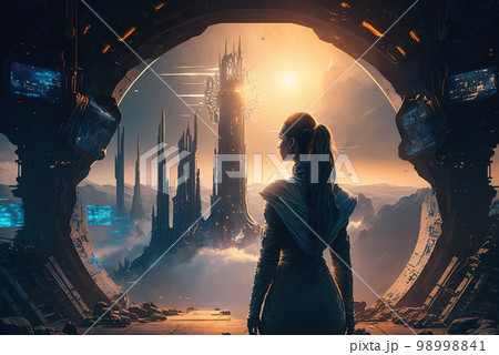 Metaverse and technology concept, woman visits futuristic cyber city, generative AI 98998841