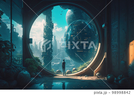 Metaverse and fantasy concept, person visits futuristic cyber city, generative AI 98998842