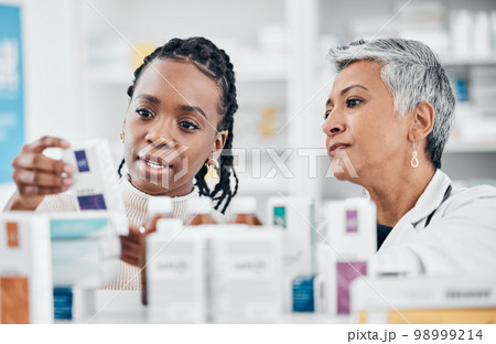 Pharmacy, medicine and choice by women discussing label, information and questions with pharmacist. Drugstore, service and customer asking senior health expert woman advice, help and instructions Pharmacy, medicine and choice by women discussing label, information and questions with pharmacist. Drugstore, service and customer asking senior health expert woman advice, help and instructions 98999214