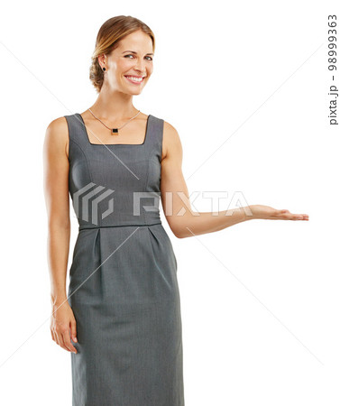 Advertising, mockup and portrait of business woman on a white background for branding, logo and marketing. Product placement, corporate and isolated girl with hand gesture for announcement or message 98999363