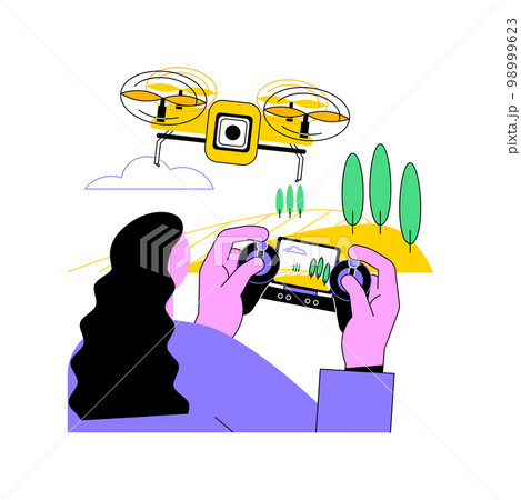 Drone filming isolated cartoon vector illustrations. Girl controls drone and shoots video, aerial videography, modern creative hobby, leisure time art activity, piloting process vector cartoon. 98999623