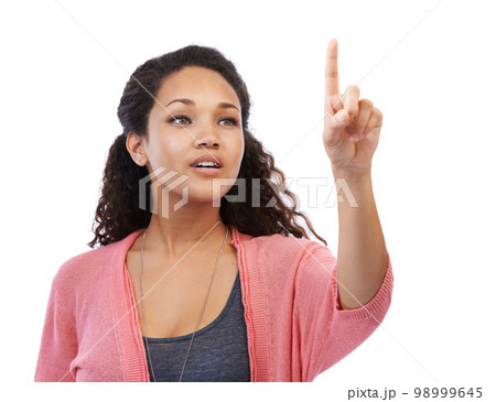 Future, ai and finger with a black woman in studio isolated on a white background using touchscreen technology. Internet, cyber and dashboard with a young female touching blank space for branding 98999645