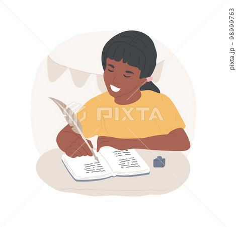 Poetry isolated cartoon vector illustration. Young girl enjoying writing and reading creative poetry, love to literature, book manuscript, ink feather usage, hands-on activity vector cartoon. Poetry isolated cartoon vector illustration. Young girl enjoying writing and reading creative poetry, love to literature, book manuscript, ink feather usage, hands-on activity vector cartoon. 98999763
