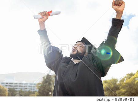 Graduation, cheering and black man celebrate success, achievement and college target. Happy graduate, education celebration and excited for university goals, learning award and student motivation Graduation, cheering and black man celebrate success, achievement and college target. Happy graduate, education celebration and excited for university goals, learning award and student motivation 98999781