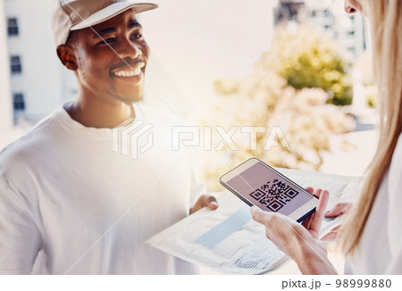 QR code, delivery man and customer phone in home for easy payment, paperless distribution and invoice. Mobile connection, barcode and courier package at from online shopping, supply chain and product QR code, delivery man and customer phone in home for easy payment, paperless distribution and invoice. Mobile connection, barcode and courier package at from online shopping, supply chain and product 98999880