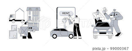 Domestic transport abstract concept vector illustration set. Moving house services, car rental, parking fines, movers and packing, online car booking, key lock, no parking zone abstract metaphor. Domestic transport abstract concept vector illustration set. Moving house services, car rental, parking fines, movers and packing, online car booking, key lock, no parking zone abstract metaphor. 99000367
