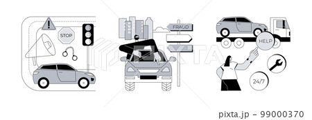 Troubles on the road abstract concept vector illustration set. Traffic crime, road fraud, roadside assistance, rules violation, pick up hitchhiker, change flat tire, car repair abstract metaphor. 99000370