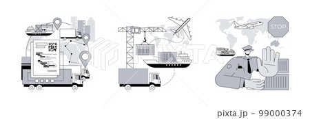 Commercial transportation industry abstract concept vector illustration set. Blockchain in transport technology, combined transport, embargo regulation, goods movement, trading ban abstract metaphor. Commercial transportation industry abstract concept vector illustration set. Blockchain in transport technology, combined transport, embargo regulation, goods movement, trading ban abstract metaphor. 99000374