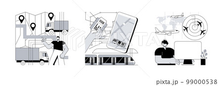 Transportation system abstract concept vector illustration set. National and regional transport, air traffic control, car driver, passenger pass, ticket office, airport radar abstract metaphor. 99000538