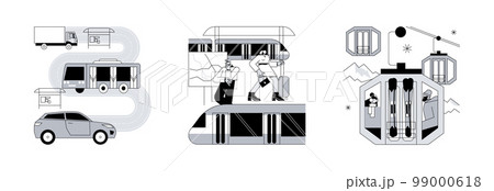 Public transport abstract concept vector illustration set. Surface, underground and cable transport, road and highway, trolleybus, bus stop, subway train station, passenger traffic abstract metaphor. Public transport abstract concept vector illustration set. Surface, underground and cable transport, road and highway, trolleybus, bus stop, subway train station, passenger traffic abstract metaphor. 99000618