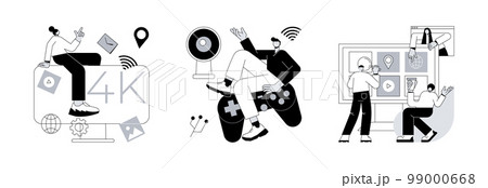 Internet television abstract concept vector illustration set. SmartTV technology, accessories and applications, online streaming, home cinema, 4k video, download software app abstract metaphor. 99000668