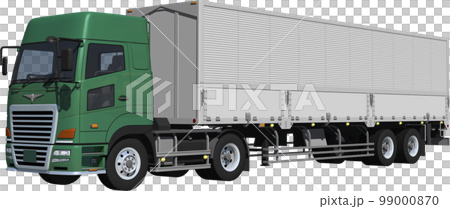 2 軸拖拉機和銀色 2 軸拖車的大翼貨車切口圖像插圖 99000870