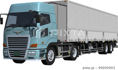 2軸トラクターと銀色のトレーラー2軸の大型ウイングバン切抜き画像イラスト 99000903