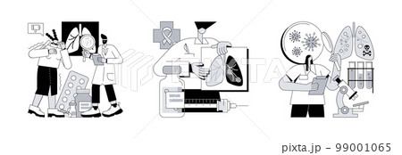 Lung disease abstract concept vector illustration set. Tuberculosis and lung cancer, lower respiratory infections, symptoms and diagnostics, oncology, tumor risk factor, pneumonia abstract metaphor. 99001065