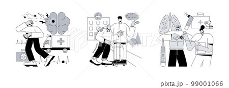 Senior people illness abstract concept vector illustration set. Stroke and parkinson disease tremor, chronic obstructive pulmonary disease, headache, shortness of breath, first aid abstract metaphor. Senior people illness abstract concept vector illustration set. Stroke and parkinson disease tremor, chronic obstructive pulmonary disease, headache, shortness of breath, first aid abstract metaphor. 99001066